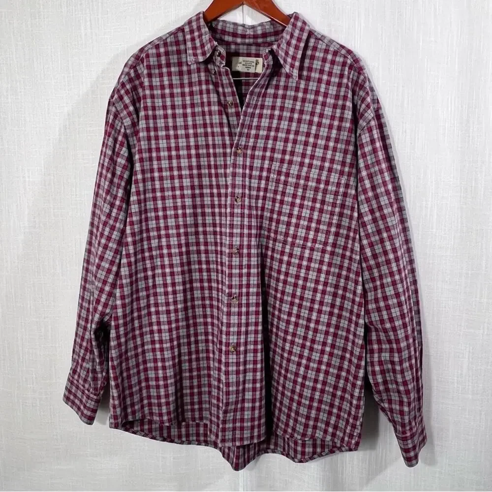 Eddie Bauer Red Grey Plaid Button Down Shirt Men’s Size XL